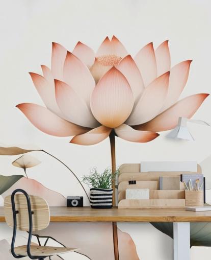 white, pink and green lotus floral mural called Lotus Radiance by Marina Stupakova for bedrooms, living rooms and hallways
