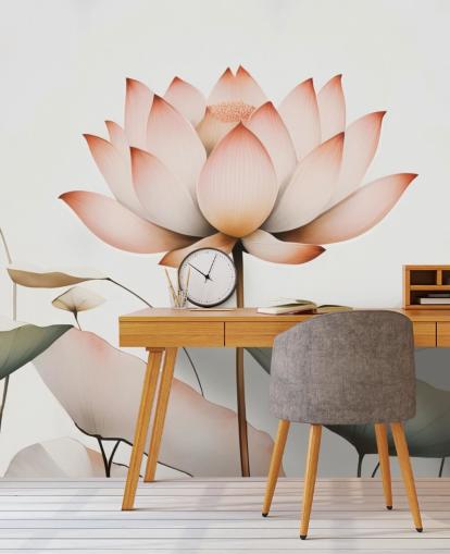vit, rosa och grön lotus blommig väggmålning kallad Lotus Radiance av Marina Stupakova för sovrum, vardagsrum och hallar