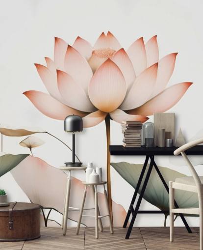 peinture murale florale de lotus blanc, rose et vert appelée Lotus Radiance de Marina Stupakova pour les chambres, les salons et les couloirs
