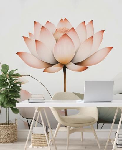 white, pink and green lotus floral mural called Lotus Radiance by Marina Stupakova for bedrooms, living rooms and hallways