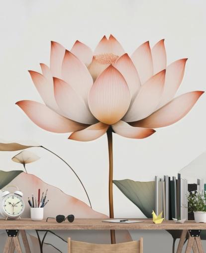 murale floreale di loto bianco, rosa e verde chiamato Lotus Radiance di Marina Stupakova per camere da letto, salotti e corridoi