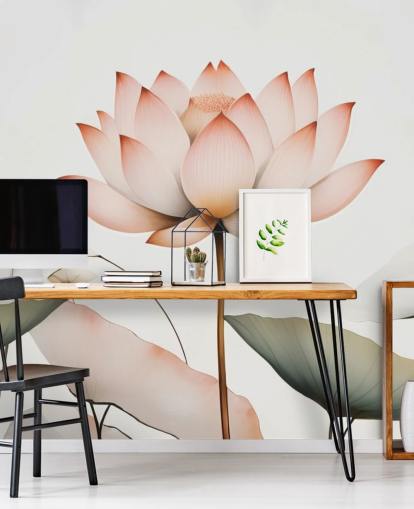 mural floral de loto blanco, rosa y verde llamado Lotus Radiance de Marina Stupakova para dormitorios, salas de estar y pasillos mural floral de loto blanco, rosa y verde llamado Lotus Radiance de Marina Stupakova para dormitorios, salas de estar y pasillos