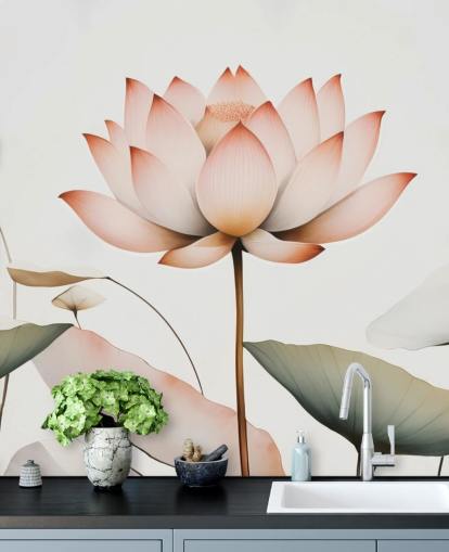 murale floreale di loto bianco, rosa e verde chiamato Lotus Radiance di Marina Stupakova per camere da letto, salotti e corridoi