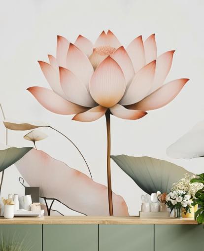 mural floral de lótus branco, rosa e verde chamado Lotus Radiance de Marina Stupakova para quartos, salas de estar e corredores