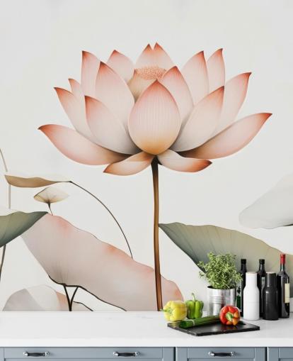 white, pink and green lotus floral mural called Lotus Radiance by Marina Stupakova for bedrooms, living rooms and hallways