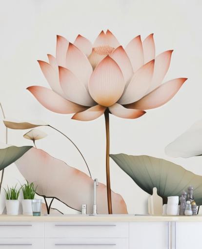 mural floral de loto blanco, rosa y verde llamado Lotus Radiance de Marina Stupakova para dormitorios, salas de estar y pasillos