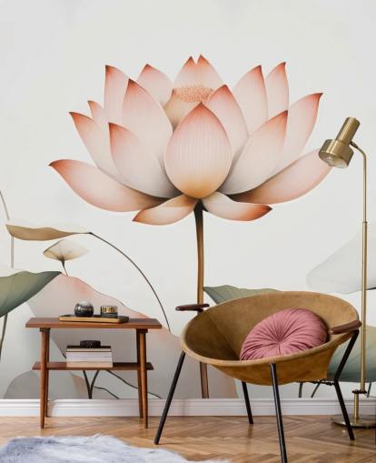 white, pink and green lotus floral mural called Lotus Radiance by Marina Stupakova for bedrooms, living rooms and hallways