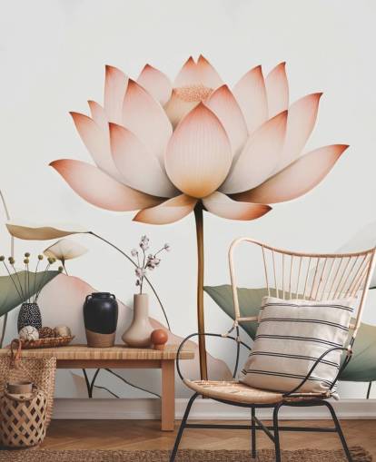 murale floreale di loto bianco, rosa e verde chiamato Lotus Radiance di Marina Stupakova per camere da letto, salotti e corridoi