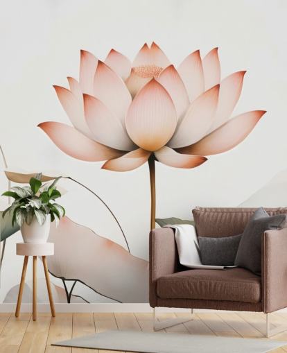 mural floral de loto blanco, rosa y verde llamado Lotus Radiance de Marina Stupakova para dormitorios, salas de estar y pasillos mural floral de loto blanco, rosa y verde llamado Lotus Radiance de Marina Stupakova para dormitorios, salas de estar y pasillos