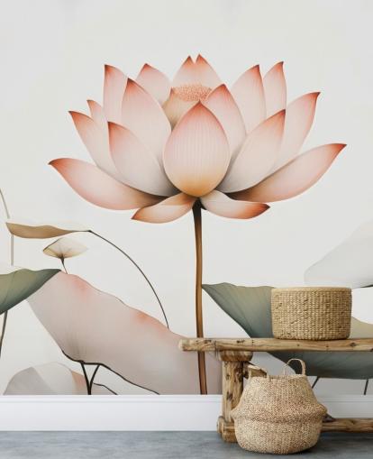 vit, rosa och grön lotus blommig väggmålning kallad Lotus Radiance av Marina Stupakova för sovrum, vardagsrum och hallar