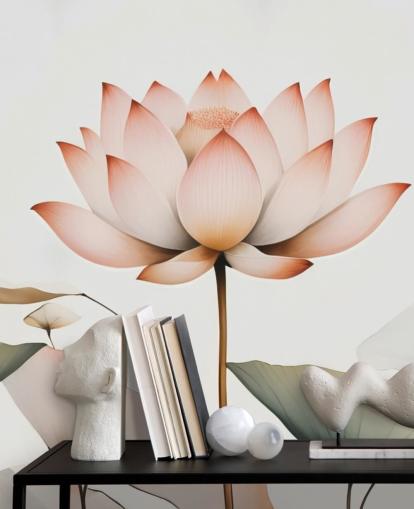 mural floral de loto blanco, rosa y verde llamado Lotus Radiance de Marina Stupakova para dormitorios, salas de estar y pasillos