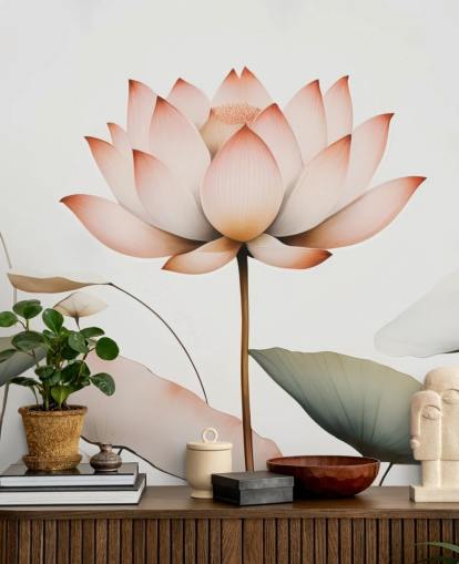 white, pink and green lotus floral mural called Lotus Radiance by Marina Stupakova for bedrooms, living rooms and hallways