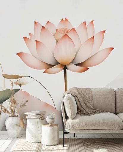 white, pink and green lotus floral mural called Lotus Radiance by Marina Stupakova for bedrooms, living rooms and hallways