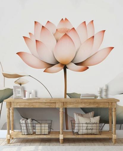 murale floreale di loto bianco, rosa e verde chiamato Lotus Radiance di Marina Stupakova per camere da letto, salotti e corridoi murale floreale di loto bianco, rosa e verde chiamato Lotus Radiance di Marina Stupakova per camere da letto, salotti e corridoi