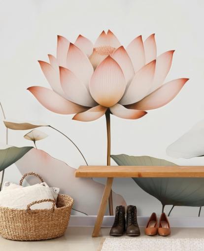 weißes, rosafarbenes und grünes Lotus-Blumengemälde namens Lotus Radiance von Marina Stupakova für Schlafzimmer, Wohnzimmer und Flure
