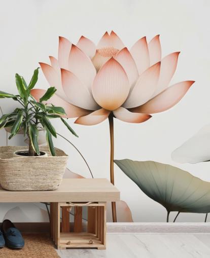 mural floral de loto blanco, rosa y verde llamado Lotus Radiance de Marina Stupakova para dormitorios, salas de estar y pasillos