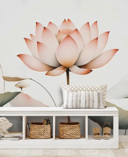 murale floreale di loto bianco, rosa e verde chiamato Lotus Radiance di Marina Stupakova per camere da letto, salotti e corridoi