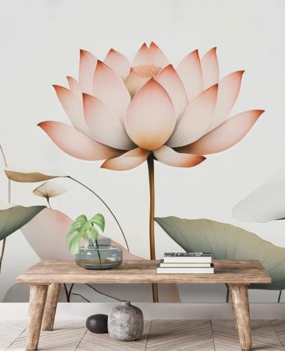 white, pink and green lotus floral mural called Lotus Radiance by Marina Stupakova for bedrooms, living rooms and hallways