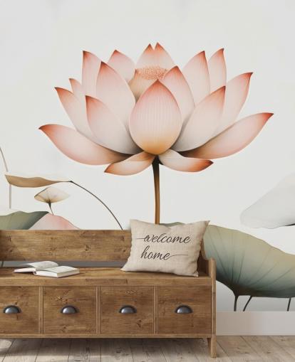 mural floral de lótus branco, rosa e verde chamado Lotus Radiance de Marina Stupakova para quartos, salas de estar e corredores