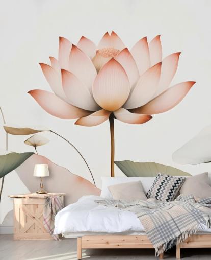 mural floral de lótus branco, rosa e verde chamado Lotus Radiance de Marina Stupakova para quartos, salas de estar e corredores