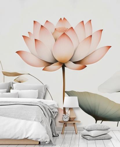 witte, roze en groene lotus bloemenmuurschildering genaamd Lotus Radiance van Marina Stupakova voor slaapkamers, woonkamers en gangen