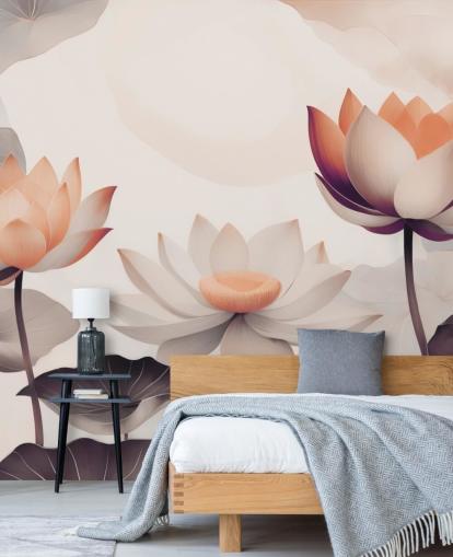 vaaleanpunainen ja persikka lootuksen seinämaalaus nimeltä Petals of Zen Coral, kirjoittanut Marina Stupakova