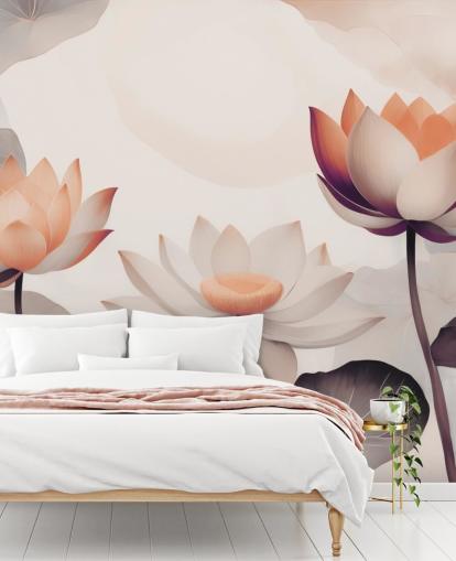 roze en perzikkleurige lotusmuurschildering genaamd Petals of Zen Coral van Marina Stupakova roze en perzikkleurige lotusmuurschildering genaamd Petals of Zen Coral van Marina Stupakova