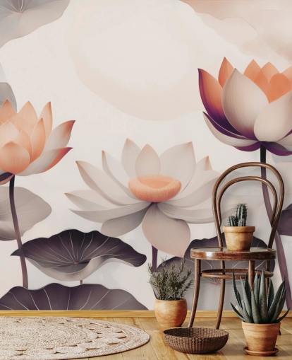 mural de lótus rosa e pêssego chamado Petals of Zen Coral, de Marina Stupakova