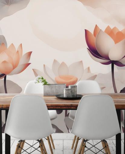 mural de lótus rosa e pêssego chamado Petals of Zen Coral, de Marina Stupakova