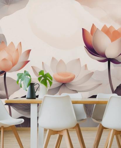 mural de loto rosa y melocotón llamado Petals of Zen Coral de Marina Stupakova