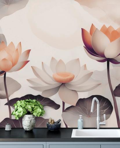 rosa och persika lotus väggmålning som heter Petals of Zen Coral av Marina Stupakova rosa och persika lotus väggmålning som heter Petals of Zen Coral av Marina Stupakova