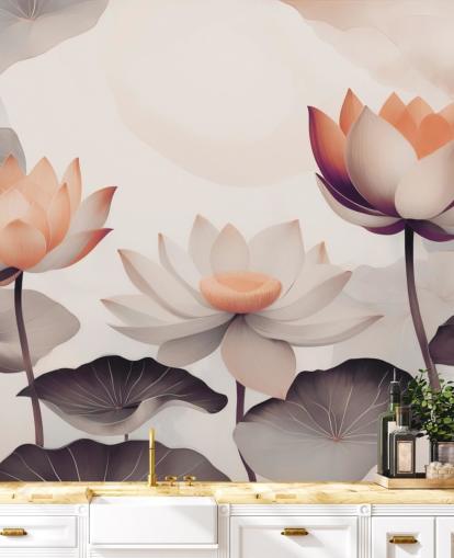 roze en perzikkleurige lotusmuurschildering genaamd Petals of Zen Coral van Marina Stupakova