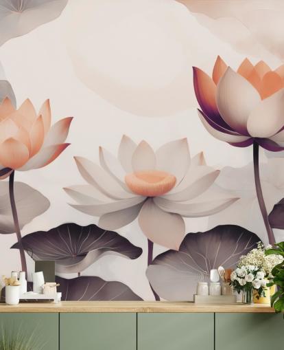 rosa och persika lotus väggmålning som heter Petals of Zen Coral av Marina Stupakova