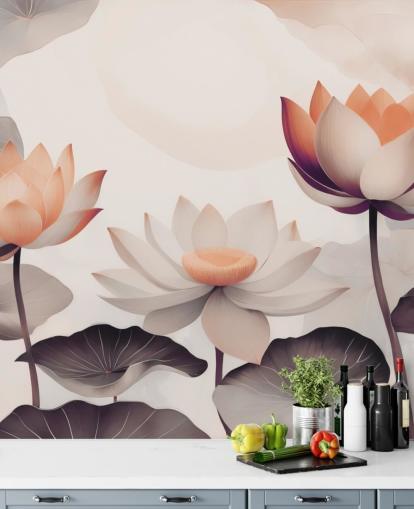 mural de lótus rosa e pêssego chamado Petals of Zen Coral, de Marina Stupakova