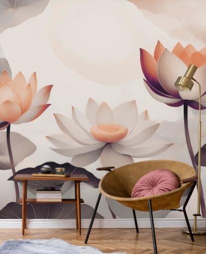 mural de loto rosa y melocotón llamado Petals of Zen Coral de Marina Stupakova