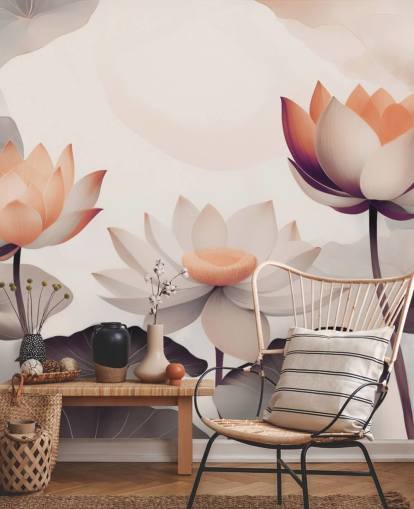 lyserød og fersken lotus vægmaleri kaldet Petals of Zen Coral af Marina Stupakova