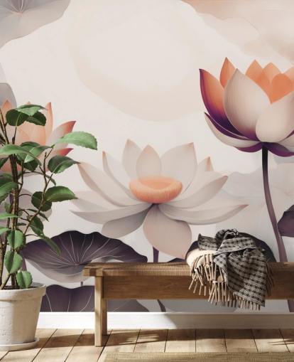 mural de lótus rosa e pêssego chamado Petals of Zen Coral, de Marina Stupakova mural de lótus rosa e pêssego chamado Petals of Zen Coral, de Marina Stupakova