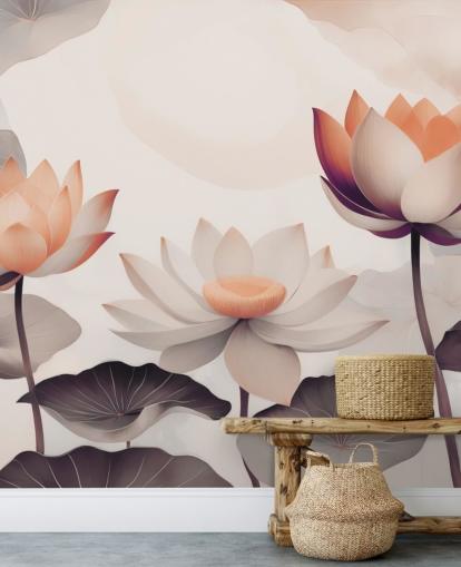 mural de lótus rosa e pêssego chamado Petals of Zen Coral, de Marina Stupakova