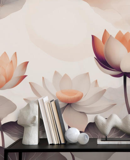 vaaleanpunainen ja persikka lootuksen seinämaalaus nimeltä Petals of Zen Coral, kirjoittanut Marina Stupakova