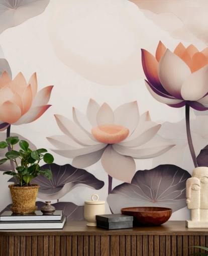 mural de loto rosa y melocotón llamado Petals of Zen Coral de Marina Stupakova mural de loto rosa y melocotón llamado Petals of Zen Coral de Marina Stupakova