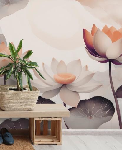 murale con loto rosa e pesca chiamato Petals of Zen Coral di Marina Stupakova