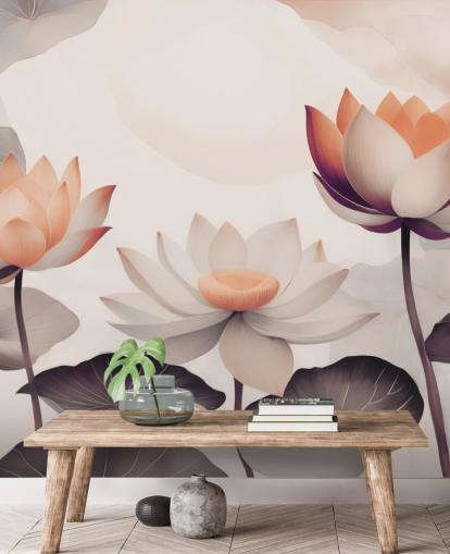 roze en perzikkleurige lotusmuurschildering genaamd Petals of Zen Coral van Marina Stupakova roze en perzikkleurige lotusmuurschildering genaamd Petals of Zen Coral van Marina Stupakova
