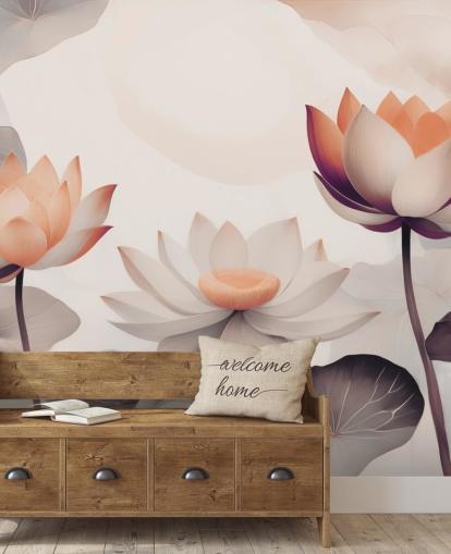 rosa og fersken lotus veggmaleri kalt Petals of Zen Coral av Marina Stupakova
