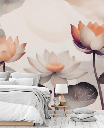 fresque murale de lotus rose et pêche intitulée Petals of Zen Coral par Marina Stupakova