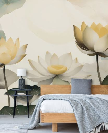 yellow, white and green floral mural called Petals of Zen by Marina Stupakova for bedrooms and living rooms