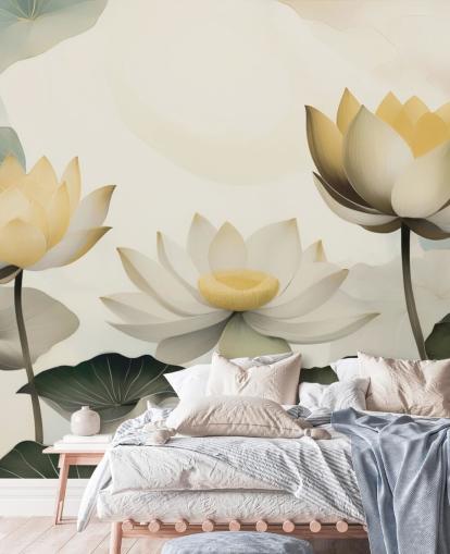 gelbes, weißes und grünes Blumengemälde namens Petals of Zen von Marina Stupakova für Schlafzimmer und Wohnzimmer