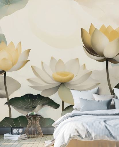 mural floral amarillo, blanco y verde llamado Petals of Zen de Marina Stupakova para dormitorios y salas de estar