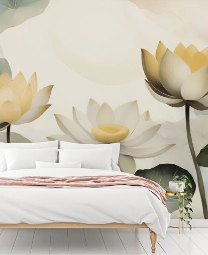 peinture murale florale jaune, blanche et verte intitulée Petals of Zen de Marina Stupakova pour les chambres et les salons