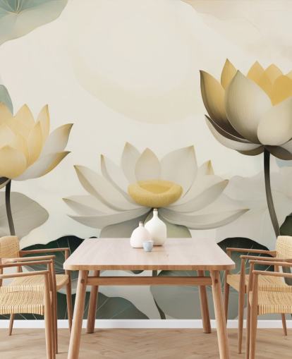 gele, witte en groene bloemenmuurschildering genaamd Petals of Zen van Marina Stupakova voor slaapkamers en woonkamers