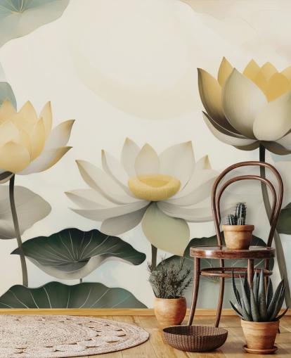 gult, hvitt og grønt blomstermaleri kalt Petals of Zen av Marina Stupakova for soverom og stuer